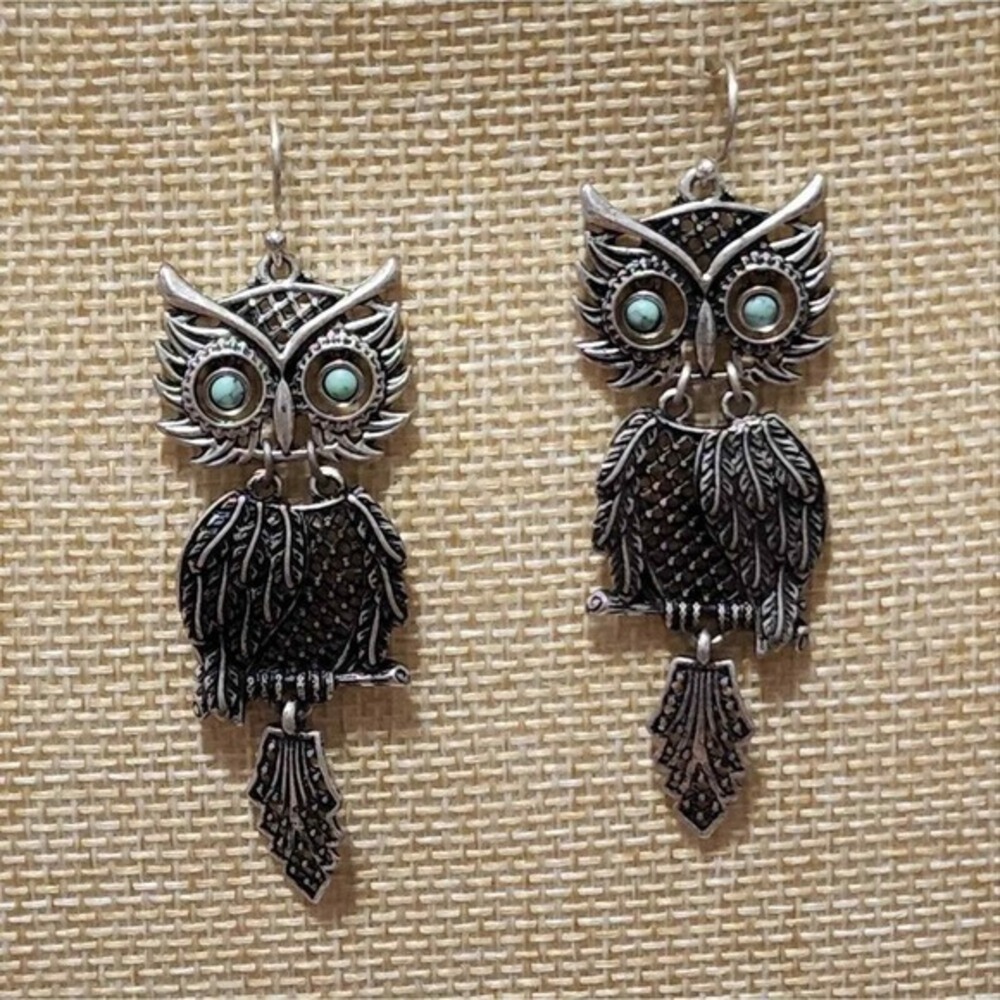 Lucky‎ Brand Silver Tone Owl Turquoise Eye Dangle Earrings Boho Tribal Women